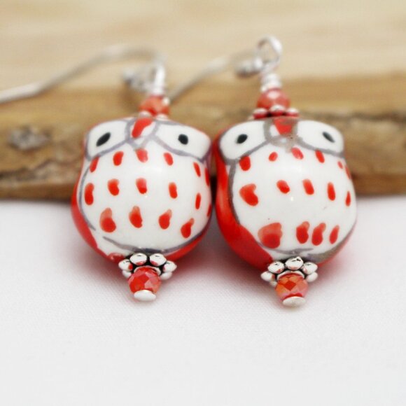 Red Hand Painted Porcelain Owl Beaded Earrings - Handmade & Hypoallergenic - Picture 5 of 8